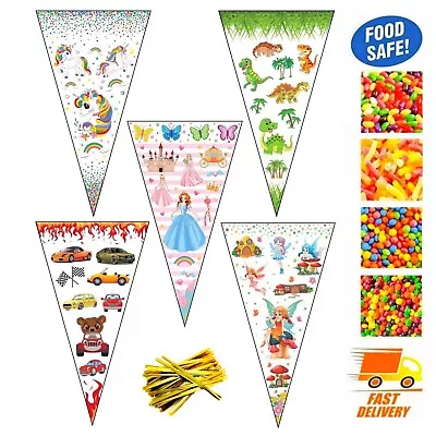 Party Cone Bags For Sweets Plastic Cellophane Popcorn Sweetie Candy Treat Favour • £3.99