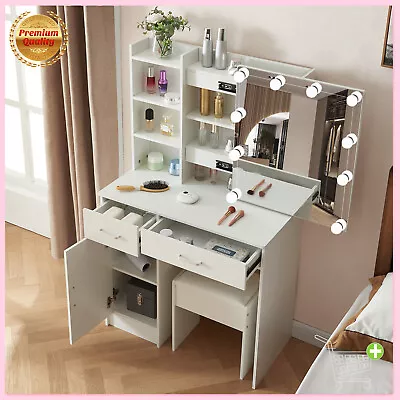 LED Lighting Dressing Table Set Vanity Makeup Table Adjustable Mirror W/ Cabinet • £144.78