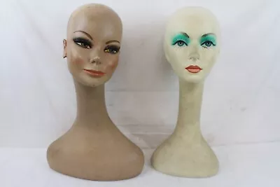 2 Vintage Fiberglass Mannequin Bust Head Wig Painted Eyes Long Neck Alien Girl • $169.99