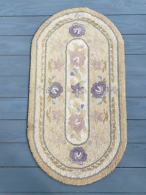 Vintage Hooked Wool Rug Oval 41  X 23  Cream Light Gold Lavender Gray • $55