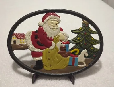 Vintage CHRISTMAS Hand Painted Cast Iron Trivet SANTA CLAUS ~ Heavyweight ~ EUC • $10