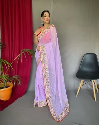 $82.27 • Buy Bollywood Saree Indian Wedding Party Wear Heavy Sequence Border Work Sari Blouse