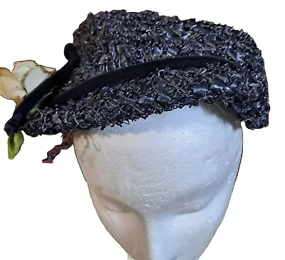 Vintage Women's 50's Black Woven Raffia Hat Flower Party Costume Theater  • $60