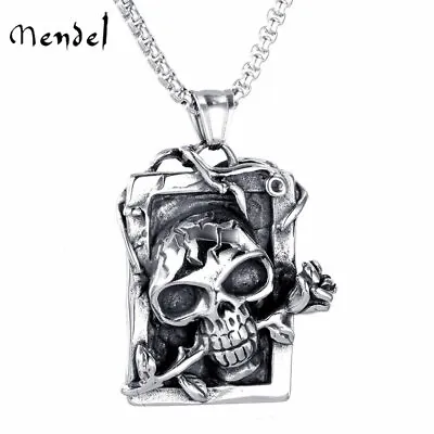 MENDEL Mens Stainless Steel Biker Punk Tattoo Rose And Skull Pendant Necklace • $10.99