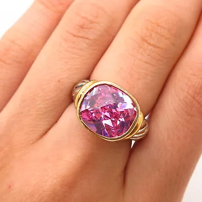 925 Sterling Silver 2-Tone Morganite-Tone C Z Twisted Design Ring Size 6 • $37.99