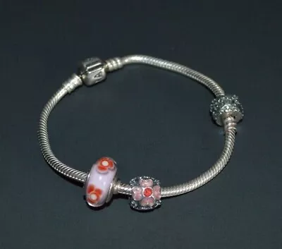 Auth 925 ALE Pandora Bracelet W/ 3 Charms Pink Red Daisy Murano Pink Flower  • £94.98