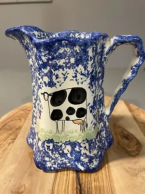 Vintage Molly Dallas Blue Spatterware Ohio Folk Cute Cow Pitcher 6.5  Tall EUC • $19