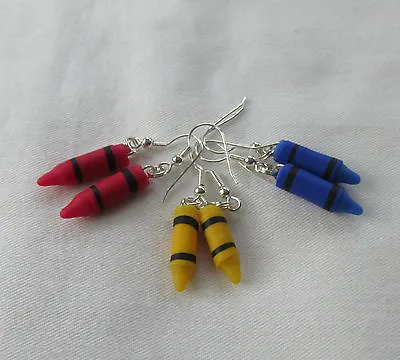 Handmade Unusual Novelty Fimo Red Yellow Blue Crayon Pencil Fun Earrings - Gift  • £3.99