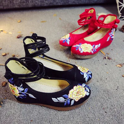 £19.19 • Buy Women Handmade Chinese Embroidered Flower Shoe Mary Janes Wedge Mid Heels Shoes