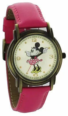 DISNEY'S Minnie Mouse  POINTING HANDS  CLASIC FACE QUARTZ WATCH GENUINE LEATHER • $32.99