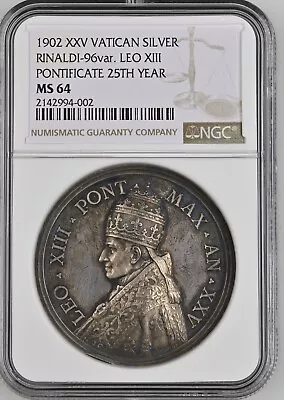 PAPAL STATES VATICAN 1902 Leo XIII Silver Medal NGC MS64 ONLY ONE GRADED! • $950