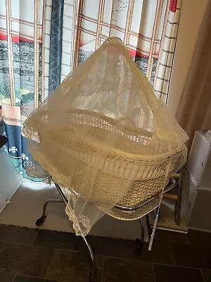 70s Vintage Sturdy Wicker Baby Bassinet With Net Trolley And Mattress • $74.99