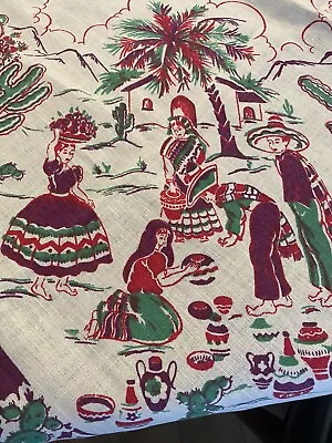 VTG 50'S Bright SOUTHWEST MEXICAN PRINT COTTON TABLECLOTH 48  X 45 NEVER USED • $29.99