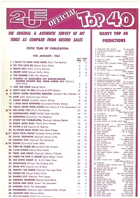 2UE Music Chart Top 40 Australia W/c 17 January 1964 Beatles I Want To Hold Hand • $7.90