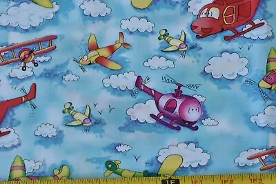 By 1/2 Yd Colorful Happy Airplanes & Helicopters On Cotton Erlanger/LangP6823 • $5.25