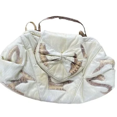 Vintage Snake Leather Shoulder Bag Purse Patchwork Snap Close Cream 80s • $29.69