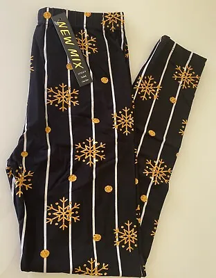 ONE SIZE Women's Christmas Snowflake Black & Gold Striped Leggings OS Size 2-12 • $4.95