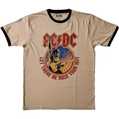 AC/DC Let There Be Rock 77' Tour Ringer Beige Unisex T-Shirt New & Official • £15.90