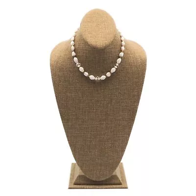 Vintage Brass Hand Tied Milk Glass Crystal Accents Bead Fashion Necklace 16 Inch • $29.99