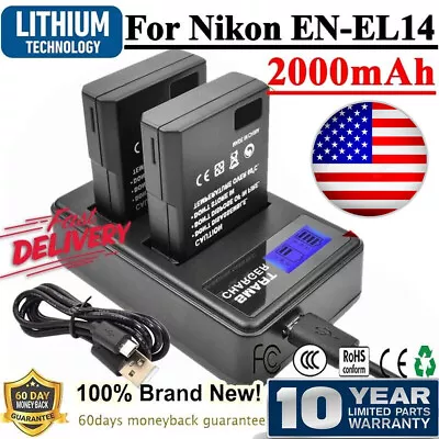 2x 2.0AH EN-EL14 Battery +USB LCD DUAL Charger For Nikon D5100 D3100 D3200 D3300 • $21.84