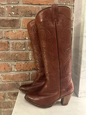 FRYE Vintage Tall Knee High Cognac Brown Cowboy Western Boots 7 Heel 77885 Women • $174.99