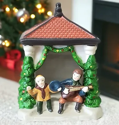 VTG Christmas Village Park Pavilion Man Guitar Boy Music Trees Snow Accessory • $13.95