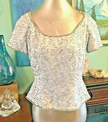 VTG 90s SILVER SEQUIN BEAD TOP VICTORIA ROYAL Boho Lux NYE COCKTAIL WEDDING 6 • $28.99