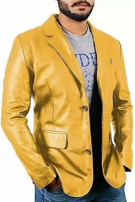 New Men's Yellow Classic Basic Blazer Genuine Handmade Leather Jacket XS To 3XL • $128.88