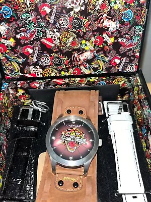 ED HARDY Gladiator Tiger Quartz Watch Swarovski Crystals 3 Bands Original Box • $41.65