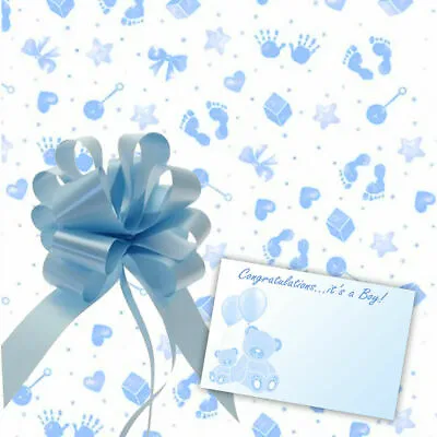 Blue Baby Boy Cellophane Gift Wrap Baby Shower Hamper + Pull Bow Ribbon & Card • £2.99