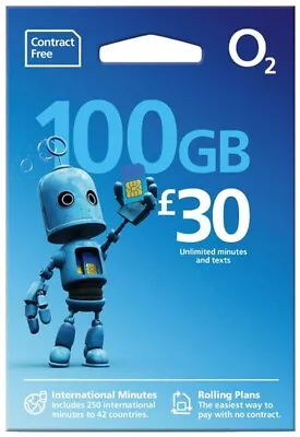 100gb £30 O2 Network Pay As You Go 02 Sim Card Sealed Unlimited Calls And Texts • £0.99