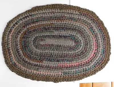 Vintage Crocheted Braided Primitive Cotton Blend Rug Oval 39 X 28 • $24.99