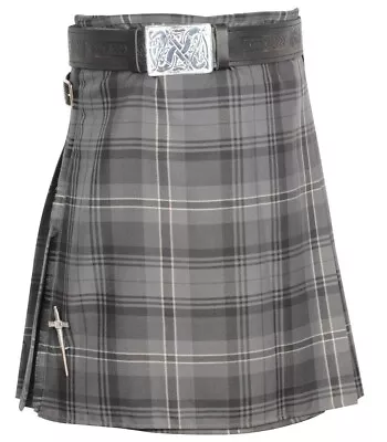 KILT Men’s Hamilton Grey Tartan P/V 5 Yd Kilt With 2 Leather Straps 40   • £109.07