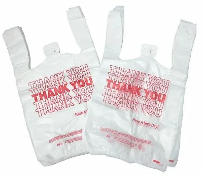 50 CT NEW Bags 1/6 Small 8 X 5 X 16 THANK YOU T-Shirt Plastic Grocery Shopping • $7.89