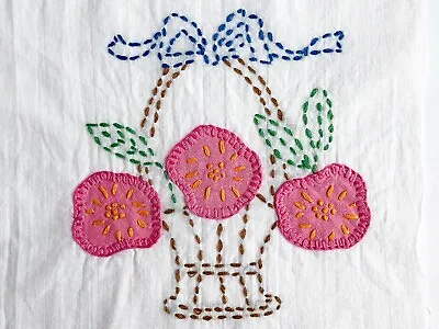Vintage Embroidered And Appliqued Quilt Block - Flower Basket • $6.25