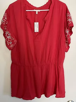 Maurices Blouse Womens 3X Embroidered Short Sleeve Red Flutter Shirt Plus Size • $15.95