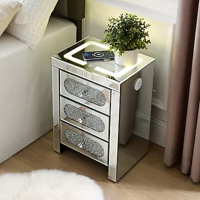 Mirrored Nightstand Bedside End Table 3 Drawers Wireless Charging LED Lights USB • $179.99