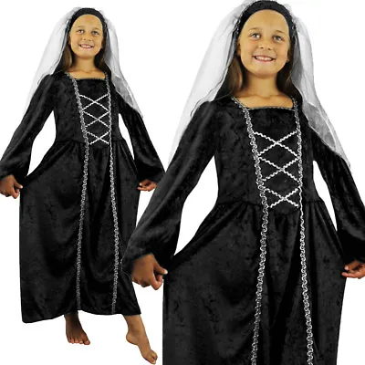 Rich Tudor Princess Black Dress Kids Historical School Victorian Fancy Dress • £10.99