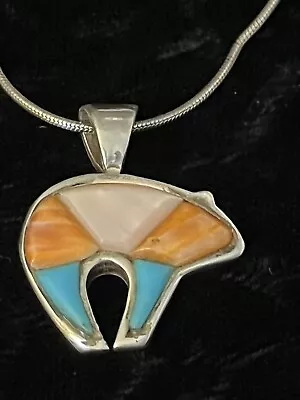 Vintage Native ZUNI Sterling Silver Inlay Bear Pendant Sterling Chain SIGNED • $35