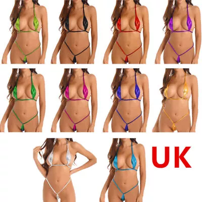 UK Womens Swimwear Halterneck Micro Thong Bikini Set 2 Piece Swimsuit PU Leather • £2.63