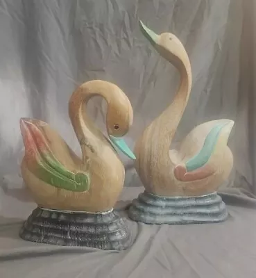 Vintage Hand Carved Pastel Color Wood Pair Bird Foul Swan Decoy Statue Figurines • $10