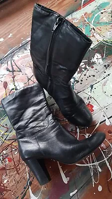 NINE WEST Calf Length Black Leather Heeled Boots - Size 5M • $10