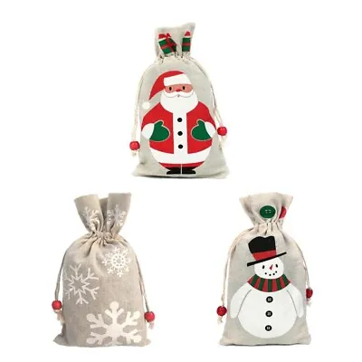 Christmas Gift Bags Reusable Burlap 23x13cm Canvas Sack Drawstring Santa Snow • £2.49
