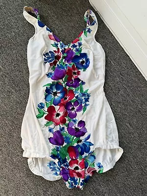 Vintage Cole Of California Swimsuit 70’s 80’s Mod Floral Multicolor White M/L • $39.90