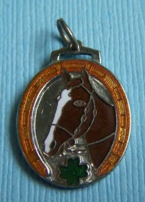 Vintage Enamel Horse In Horse Shoe Lucky Clover Silver Tone Charm • $24.99