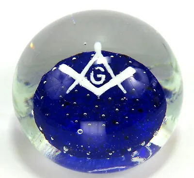 Vintage Masonic Logo Suspended Clear Glass W/Cobalt Blue Paperweight Read • $47.88