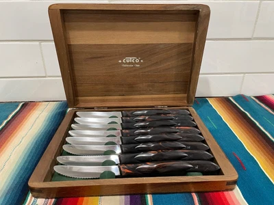$250 • Buy VINTAGE CUTCO BROWN AND ORANGE SWIRL STEAK Or TABLE KNIVES #1758 IN BOX NICE!