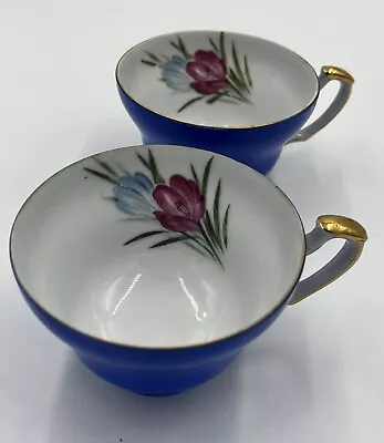 2 Vintage Ucagco China Tea Cups OCCUPIED JAPAN Floral And Blue With Gold Accents • $9.99