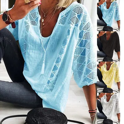 Plus Size Womens Lace V-Neck Baggy Tops Ladies 3/4 Sleeve Loose T-Shirts Blouse • £3.59