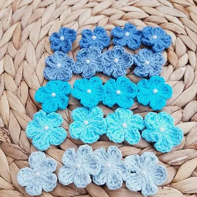 £4.90 • Buy 20Handmade Crochet Flowers With Pearl Blue Embellishment Applique Patches 